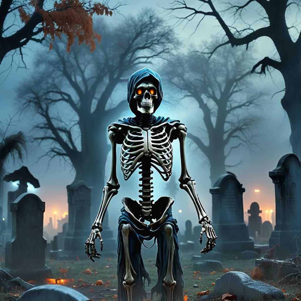 Haunted Skeleton in Gothic Cemetery: Cinematic Digital Art