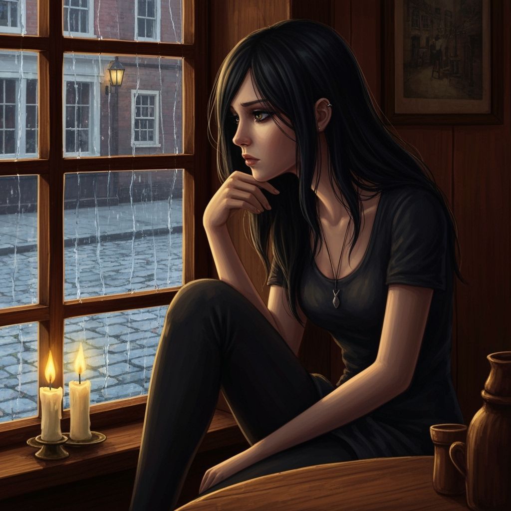 Emo Teen Girl by Tavern Window in Tim Burton Style