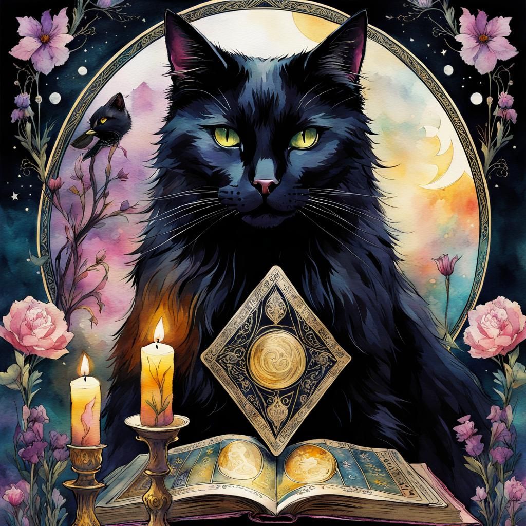 Mystical Cat with Tarot Cards in Watercolor Style