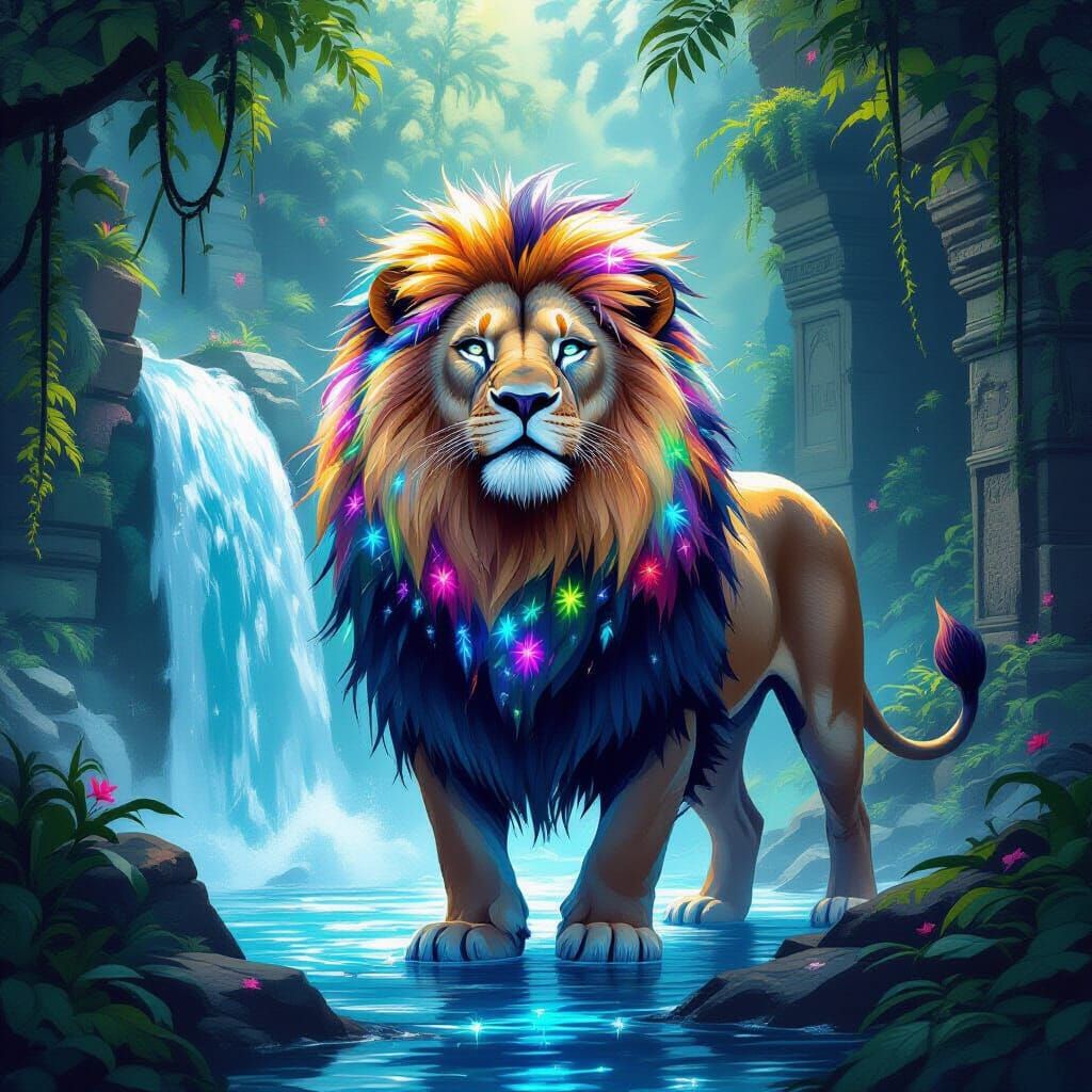 Bioluminescent Lion Guardian of Crystal Falls