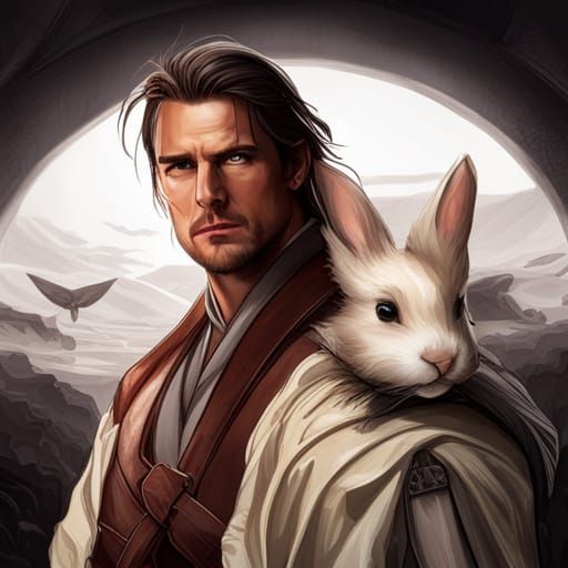 Samurai Portrait with Bunny, Detailed Digital Art