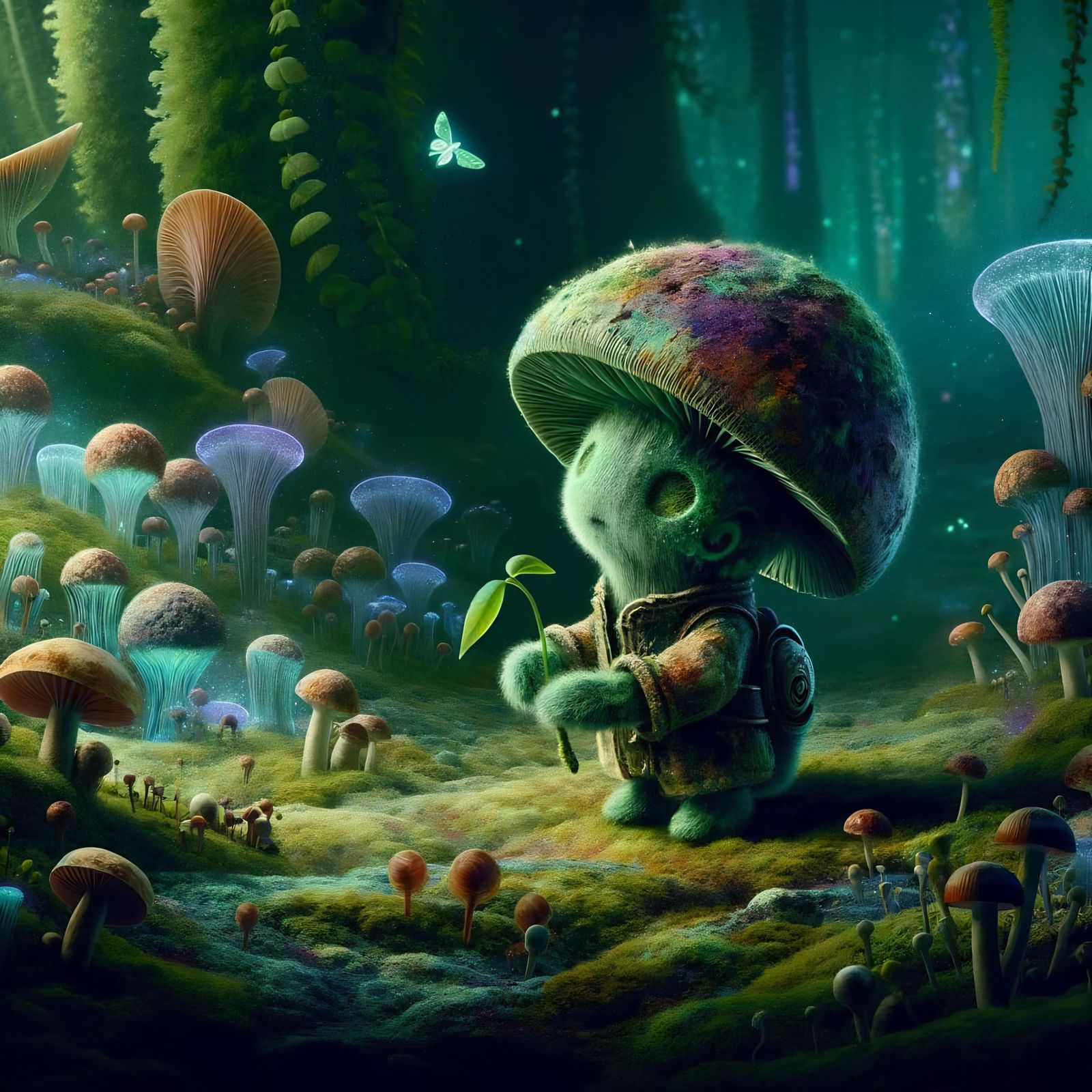 Whimsical Illustration of a Miniature Mushroom Creature