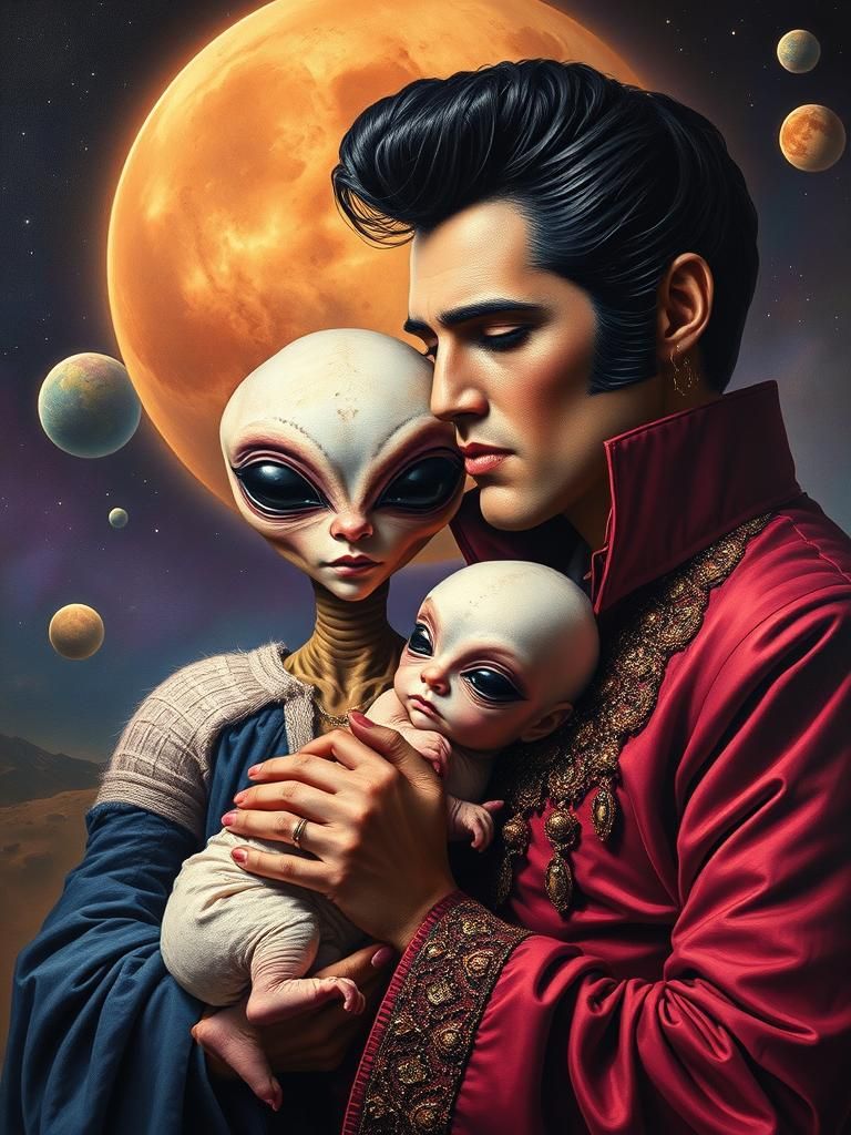 Elvis with Alien Family in Velvet Painting