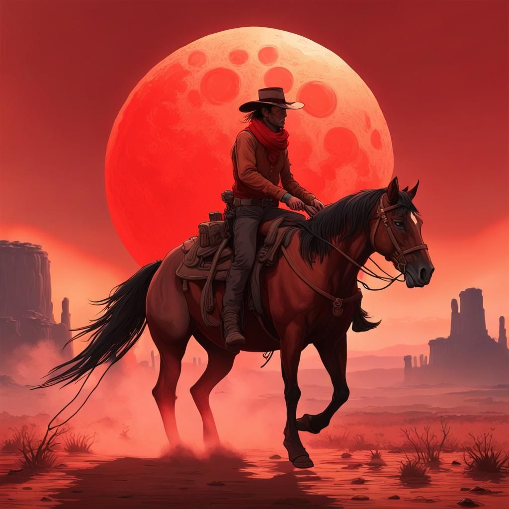 Cowboy Witch Rides Horse Under Red Sun