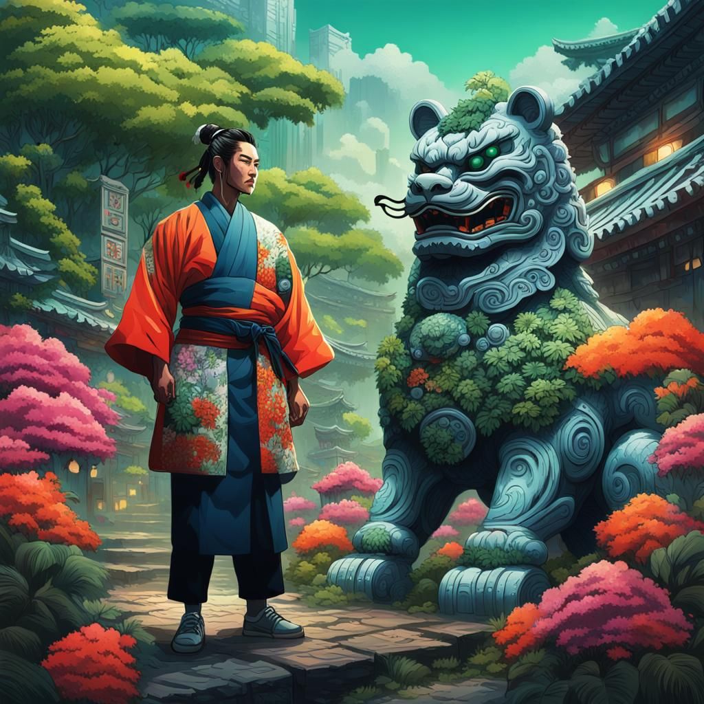 Samurai Warrior and Geisha in Neon City Ruins