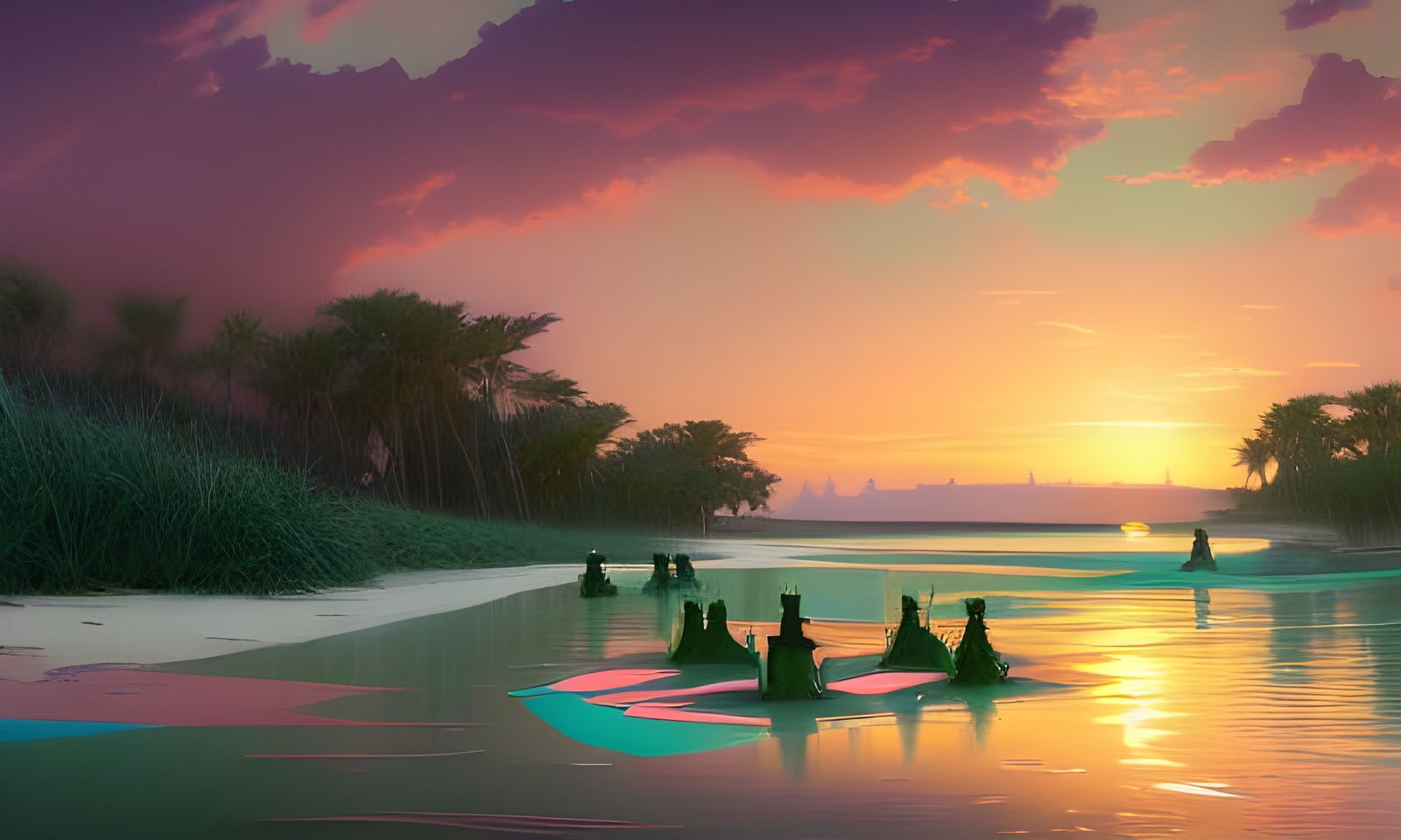 Brocade Beach Sunset Lagoon in Hyperrealistic Style