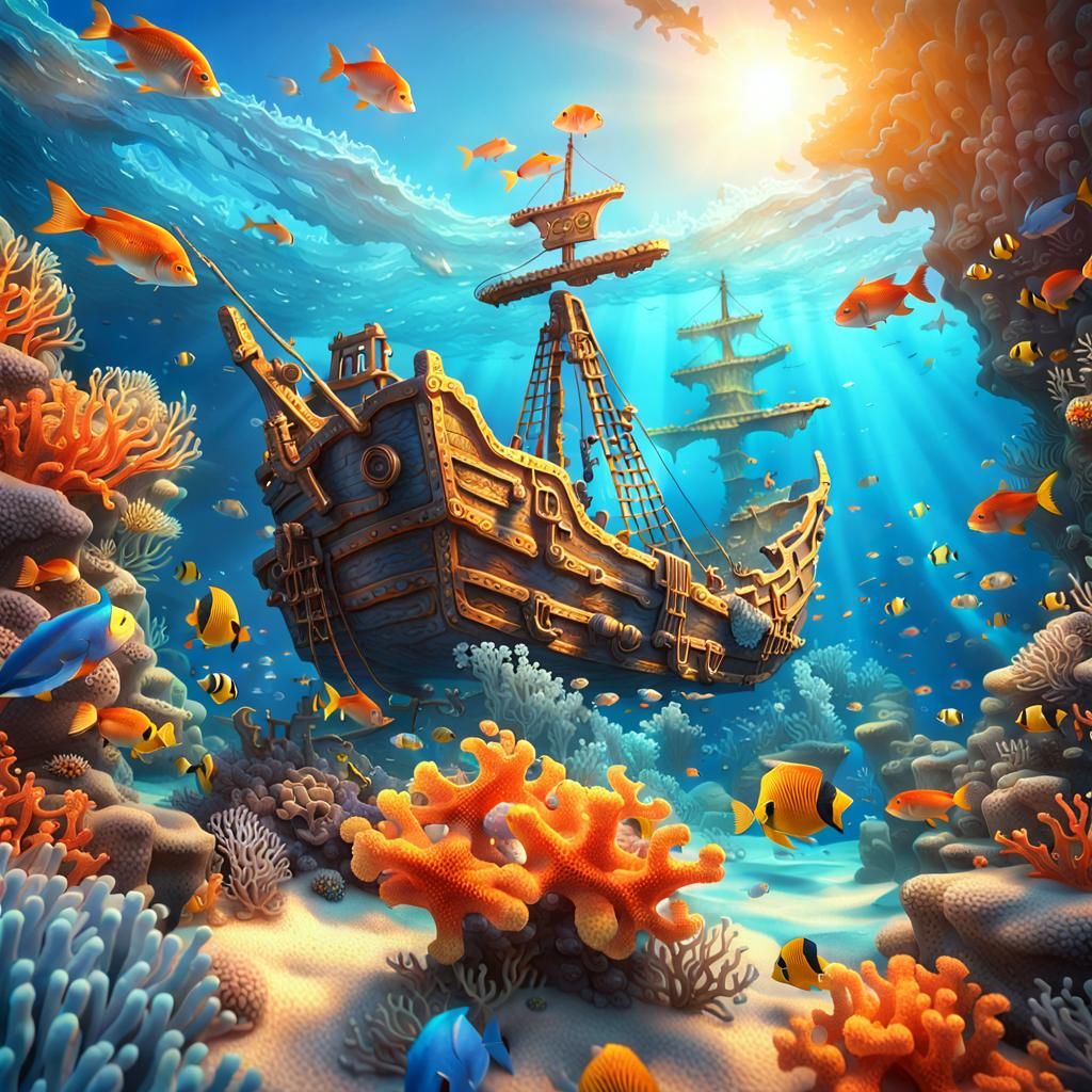Coral Reef Pirate Ship Wreck in Sunlight