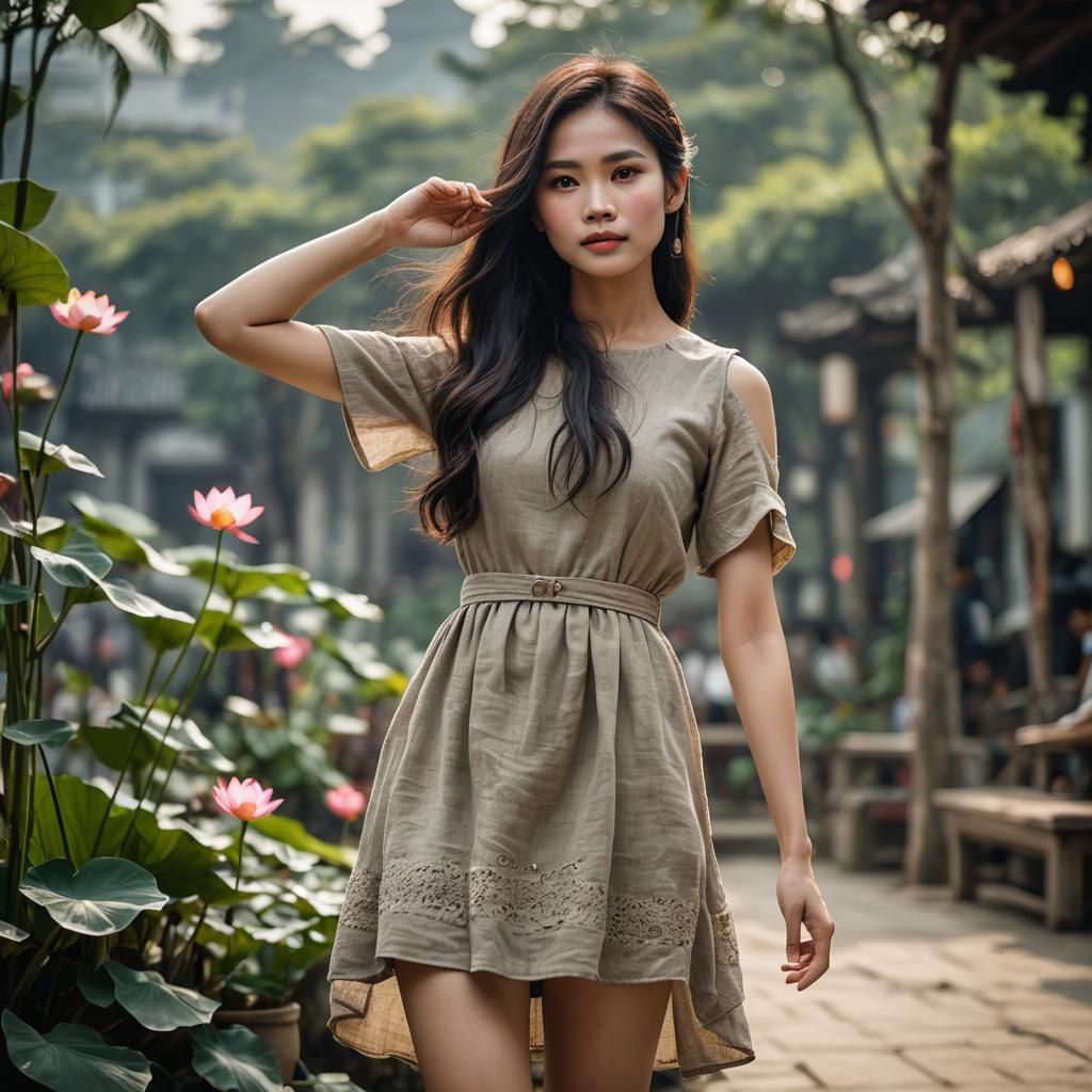 Vietnamese Woman in Gothic Linen Dress, Professional Photo