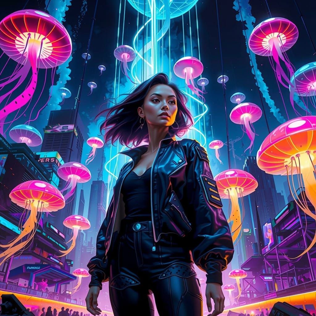 Futuristic Punk Icon in Neon-Lit Dystopia
