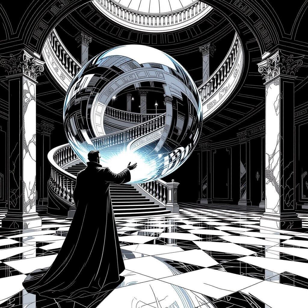 Man Holds Reflective Orb with Spiral Staircase in Crosshatch...