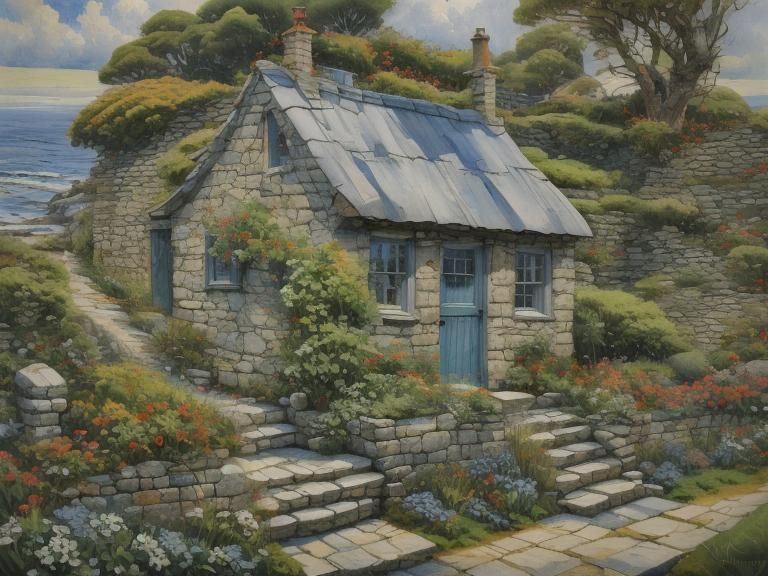 Cozy Oceanfront Cottage: Oil Painting in Fine Detail