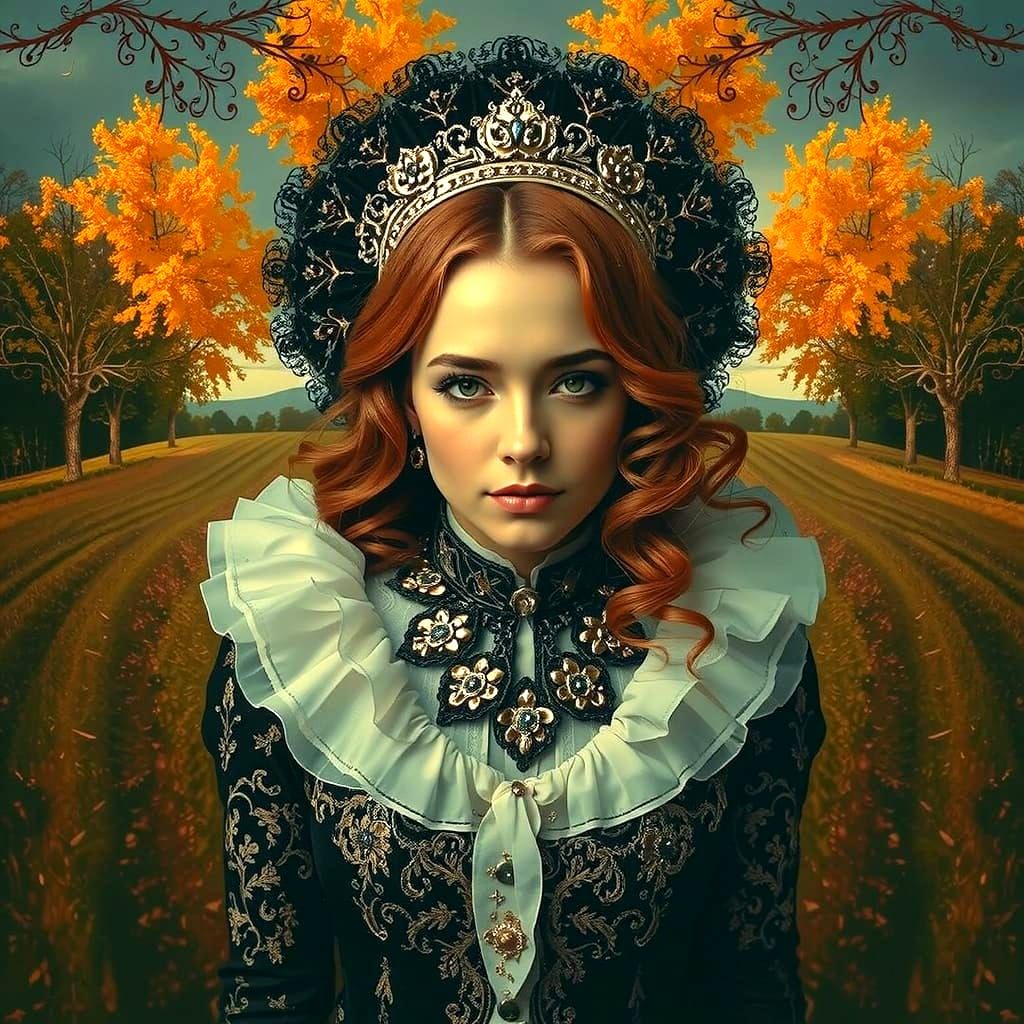 Ornate Figure in French Countryside with Golden Light