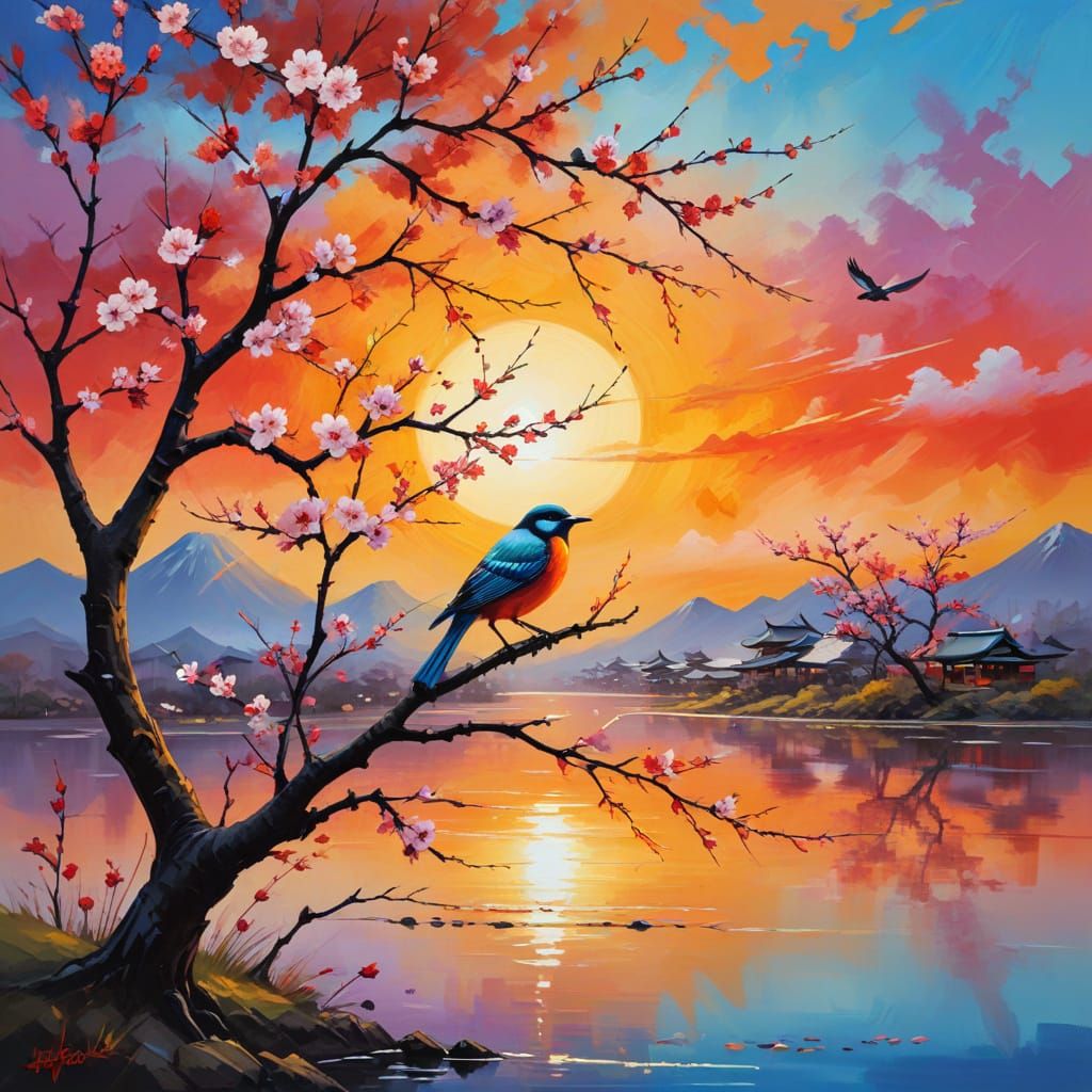 Modern Blossom Tree Sunset with Bird in Vibrant Japanese Sty...