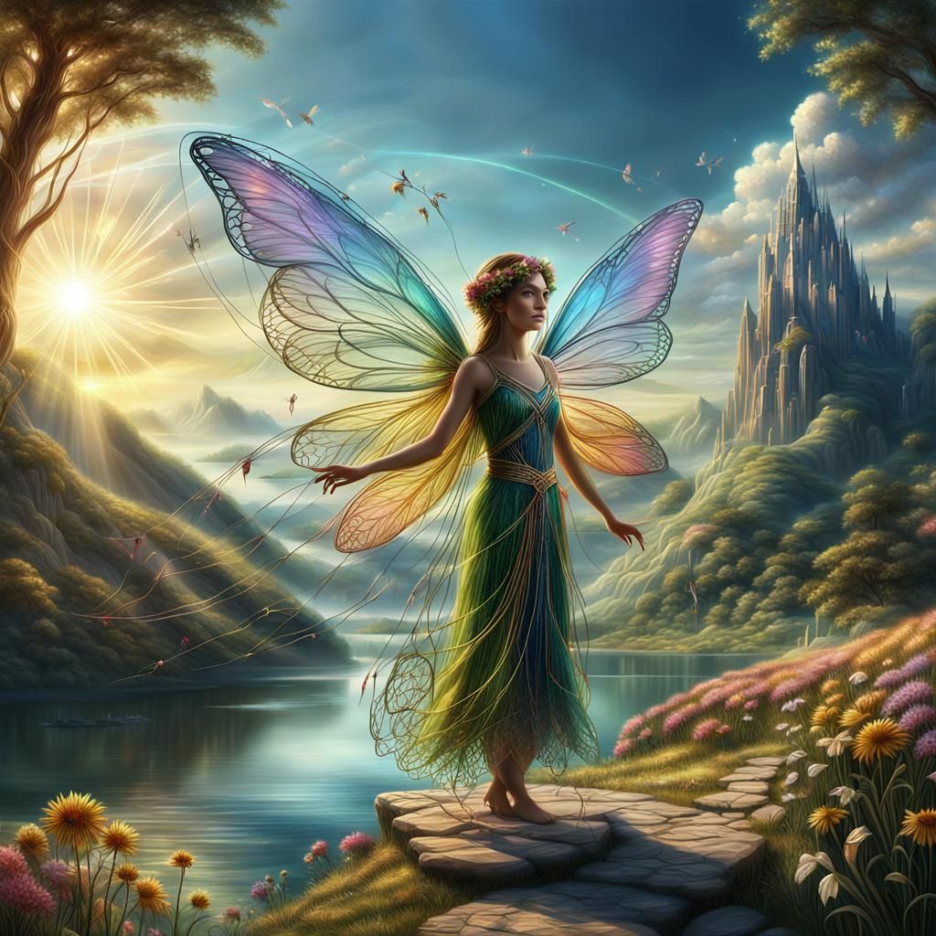Colorful String Fairy over Detailed Landscape