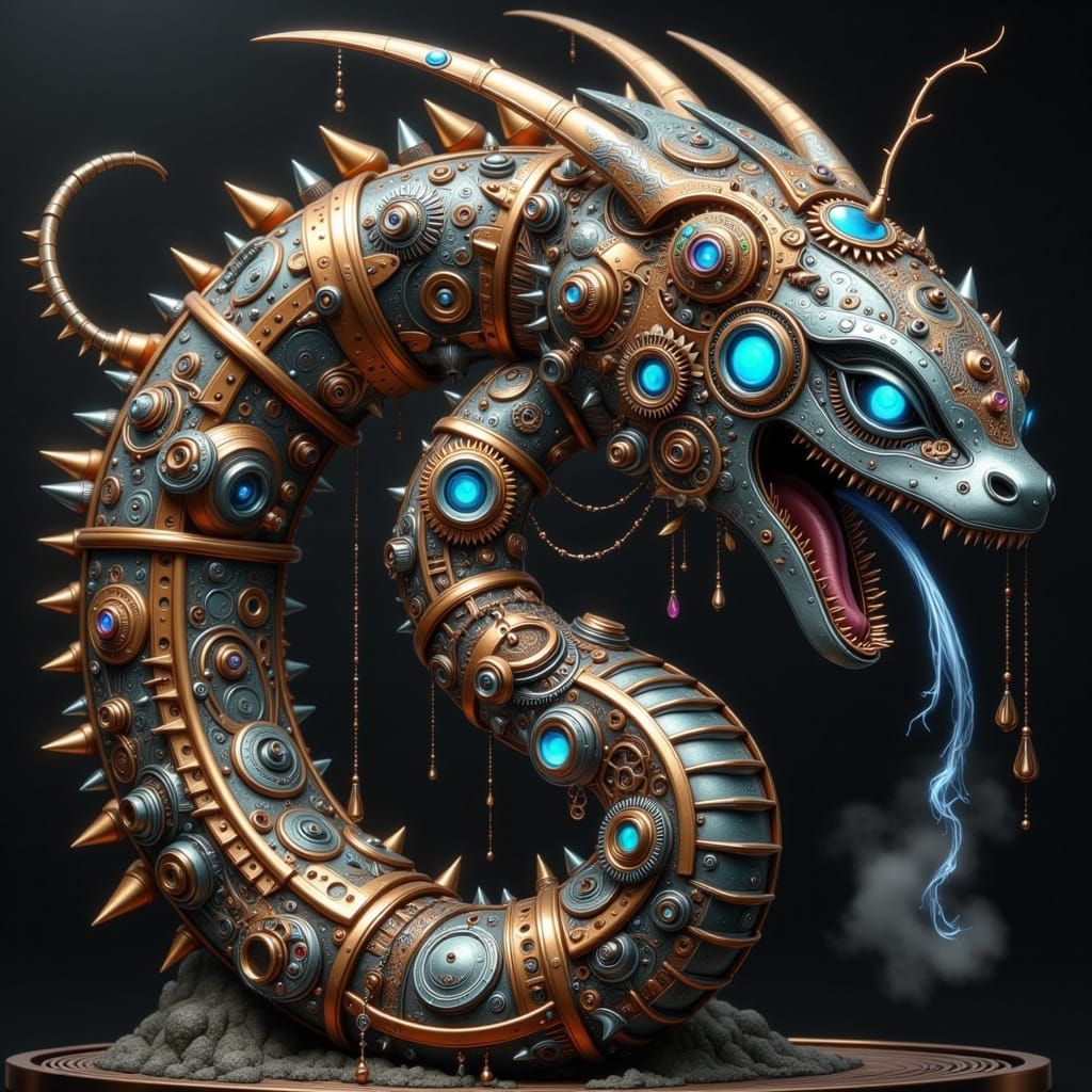 Steampunk Cyber Snake in Futuristic Industrial Aesthetic