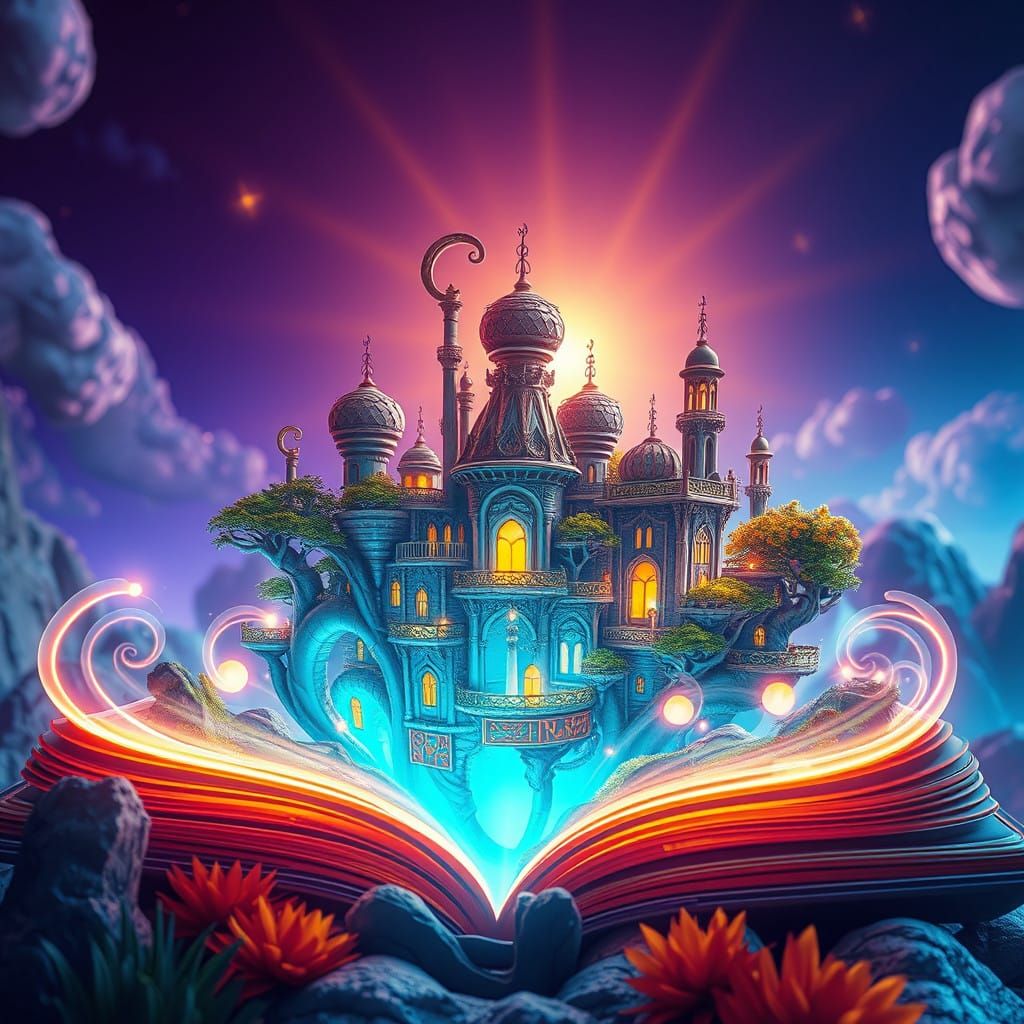 Fantasy Holographic Pop-Up Book in Cyberpunk Digital Art Sty...