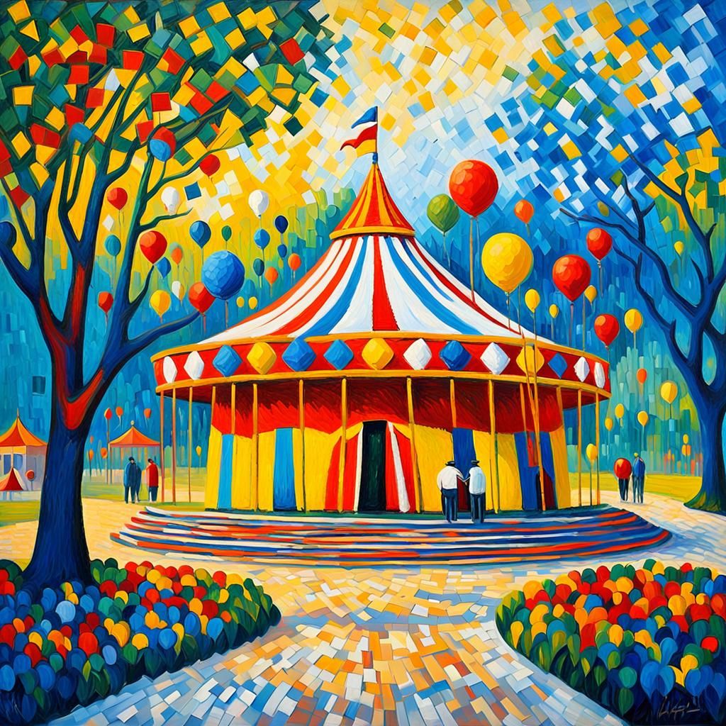 Clown with Balloons in Neo-Impressionism Style