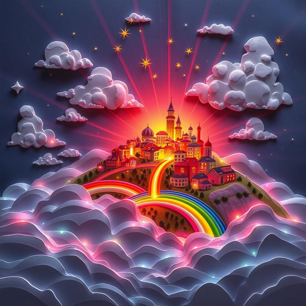 Rainbow Metropolis in Whimsical Fantasy Style