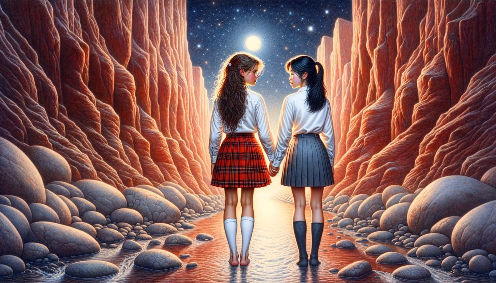 Girls in Red Rock Canyon, in Fantasy Art Style