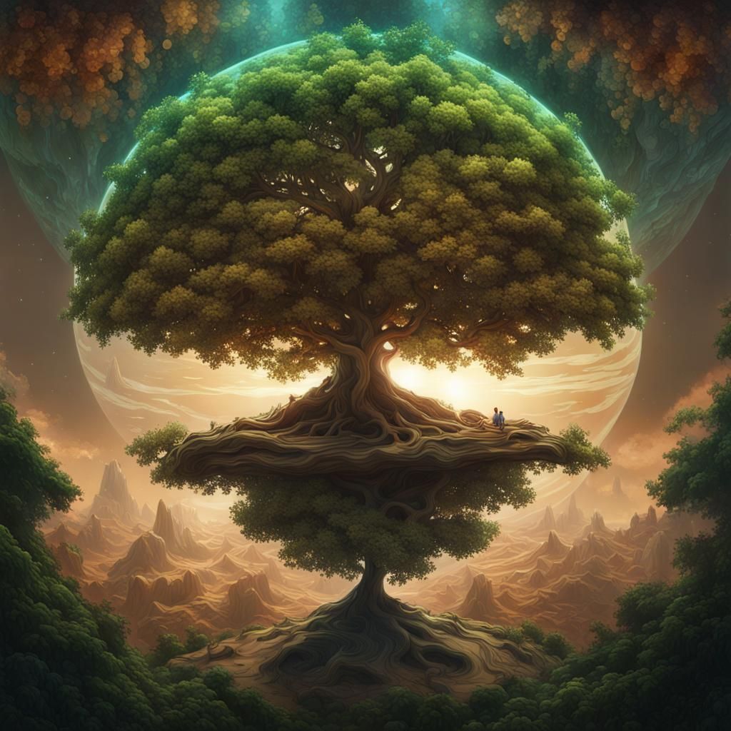 Lush Tree in Space: Dark Fantasy Double Exposure