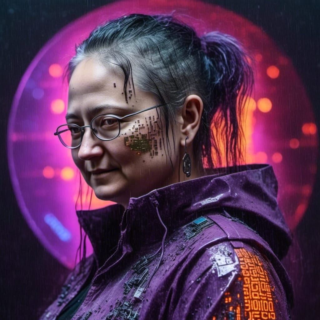 Cyborg Woman Glitch Art Portrait with Binary Code