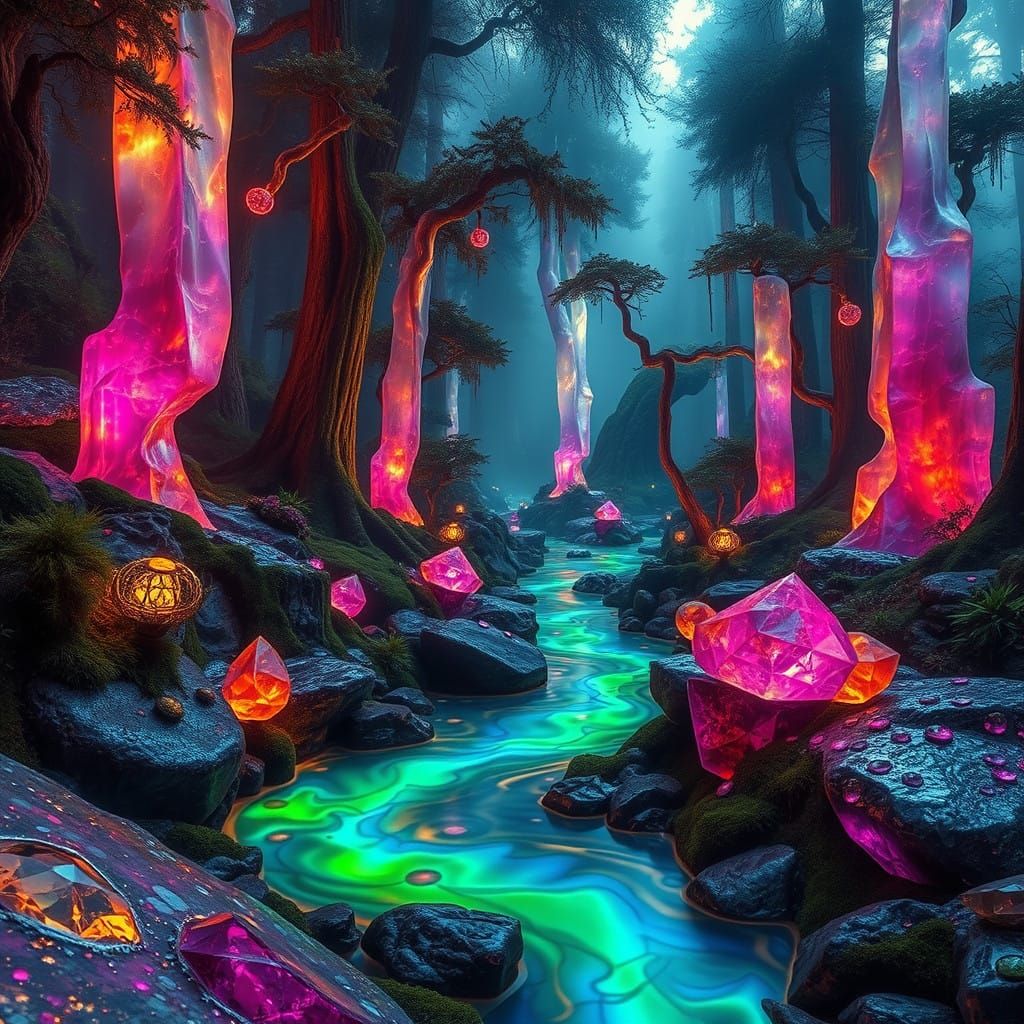 Iridescent Gemstone Forest Landscape