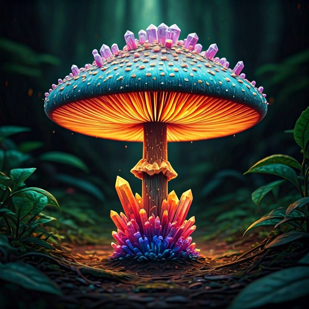 Rainbow Mushroom Covered in Crystalline Structures