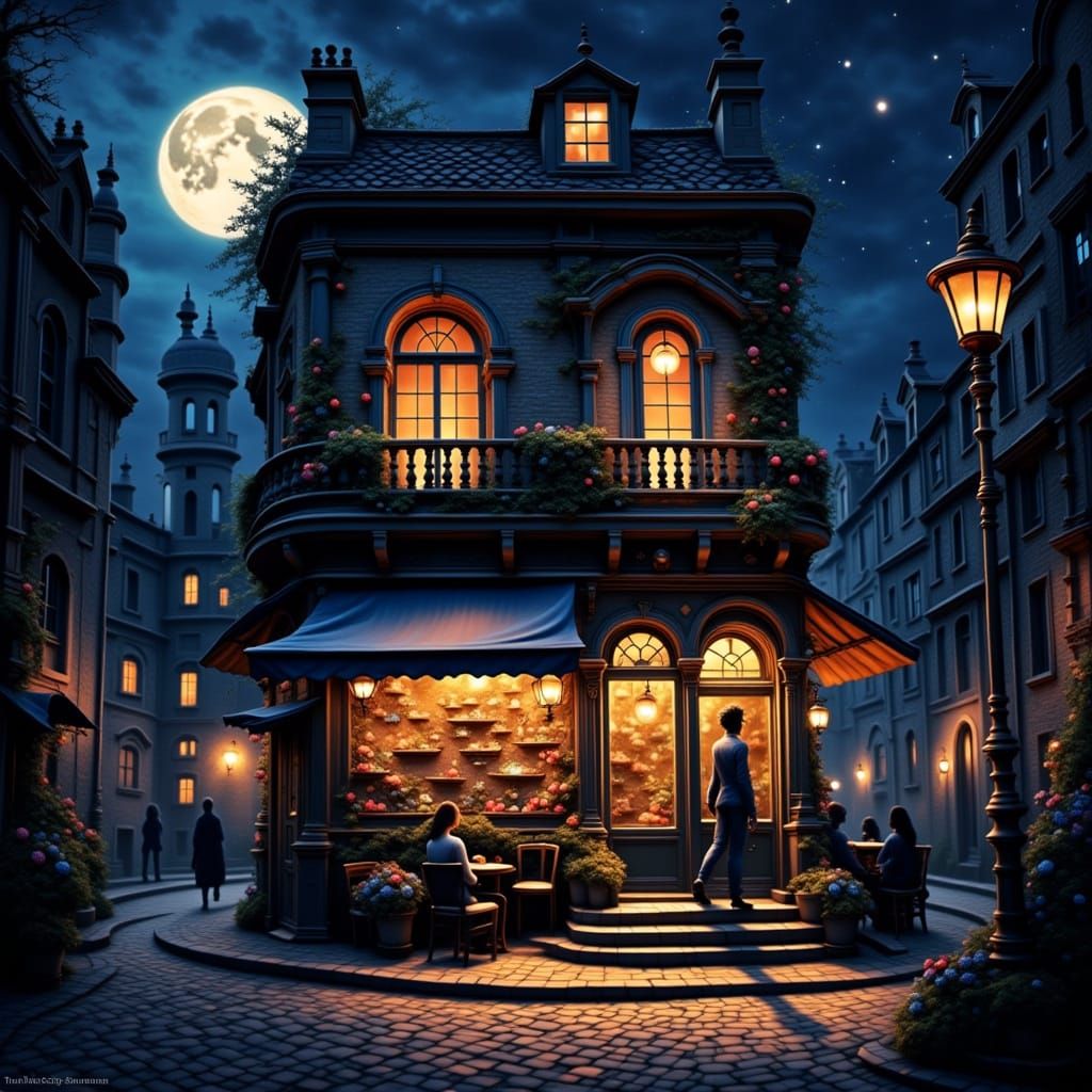 Night Cafe Scene with Guitarist in 3D Style