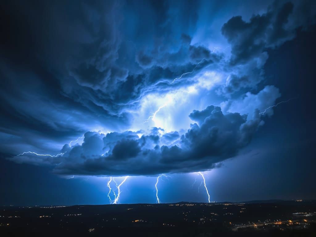 Dramatic Thunderstorm Over Cityscape - Electric Blue Lightni...