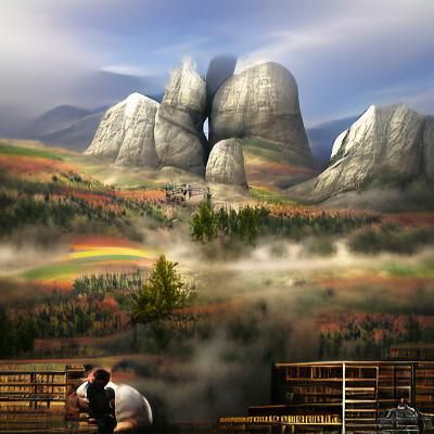Gay Cowboys Kiss in Foggy Mountain Landscape