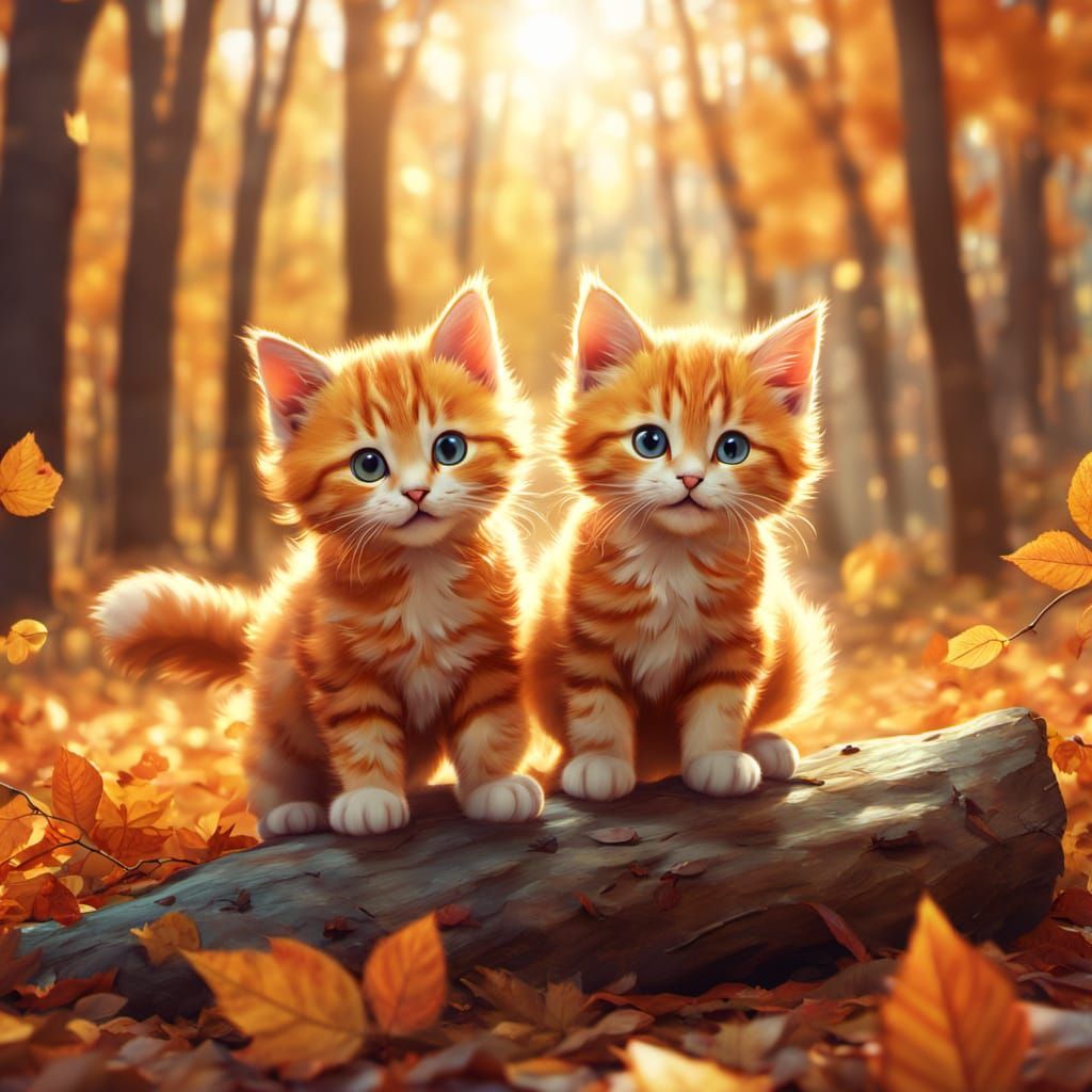 Adorable Orange Kittens Play in Autumn Forest