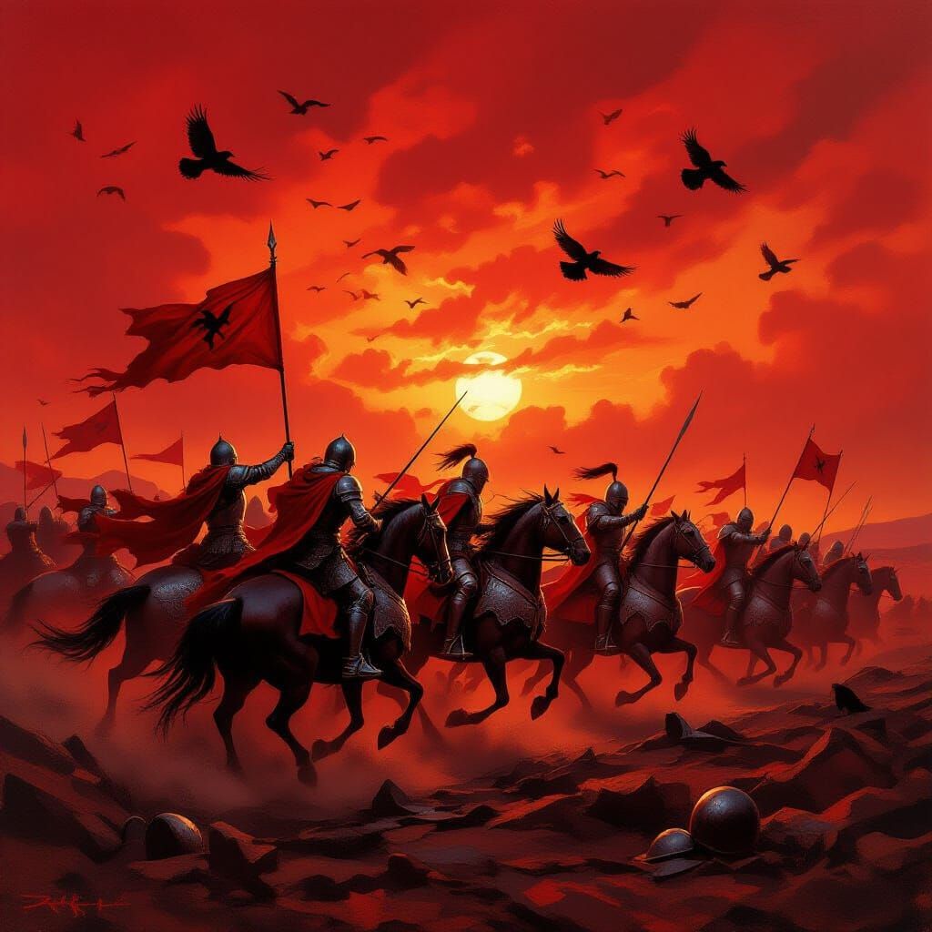 Armored Knights in Red Battle Scene Oil Painting