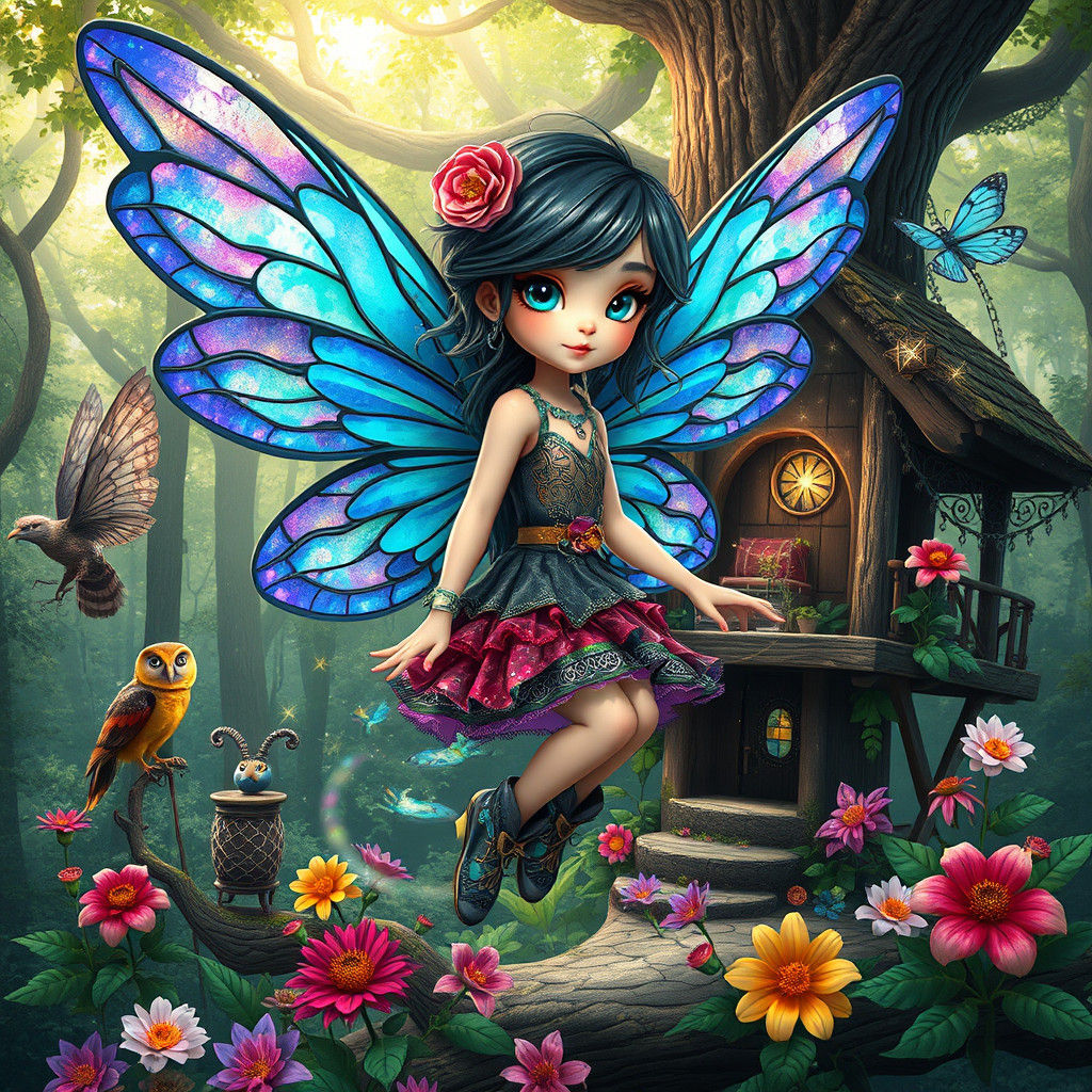 Whimsical Fairy Girl in Punk Outfit with Mosaic Wings