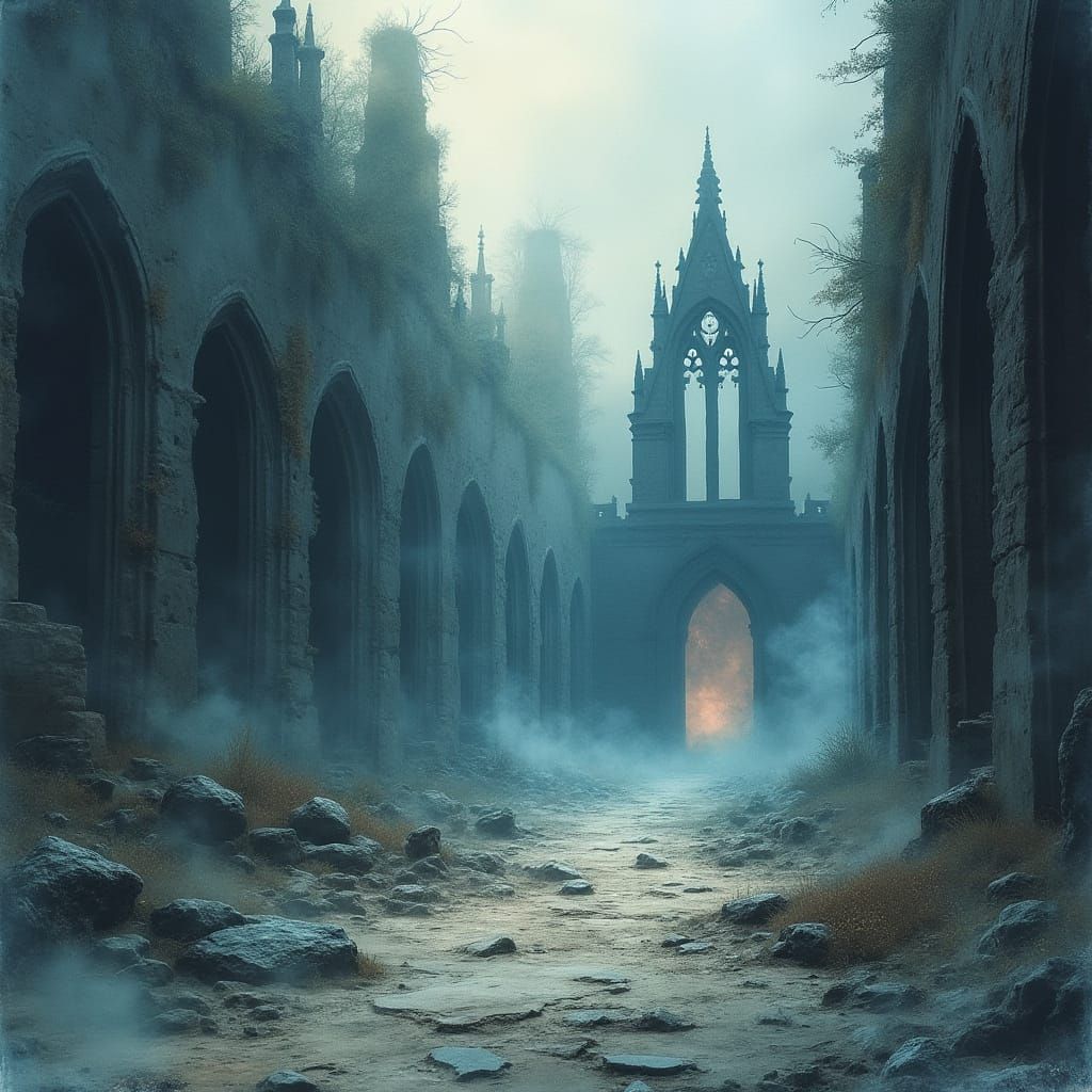 Eerie Gothic Ruins in Dark Mystical Watercolor