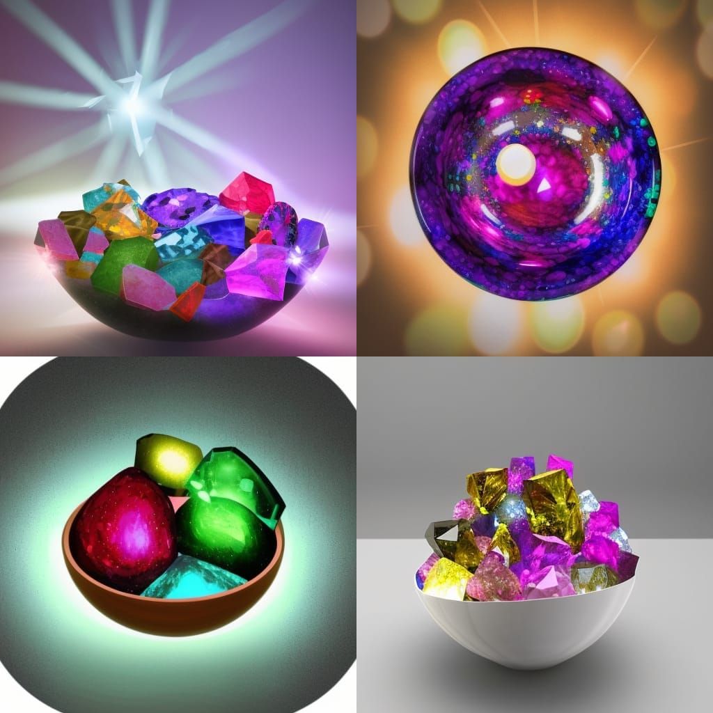 Hyperrealistic Glowing Gems in a Bowl