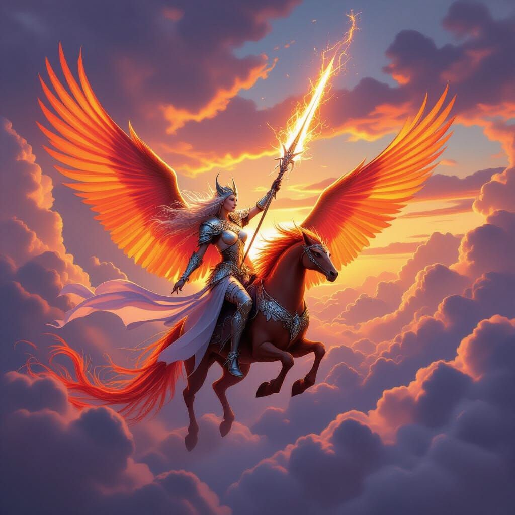 Elven Queen on Phoenix Through Sunset Clouds