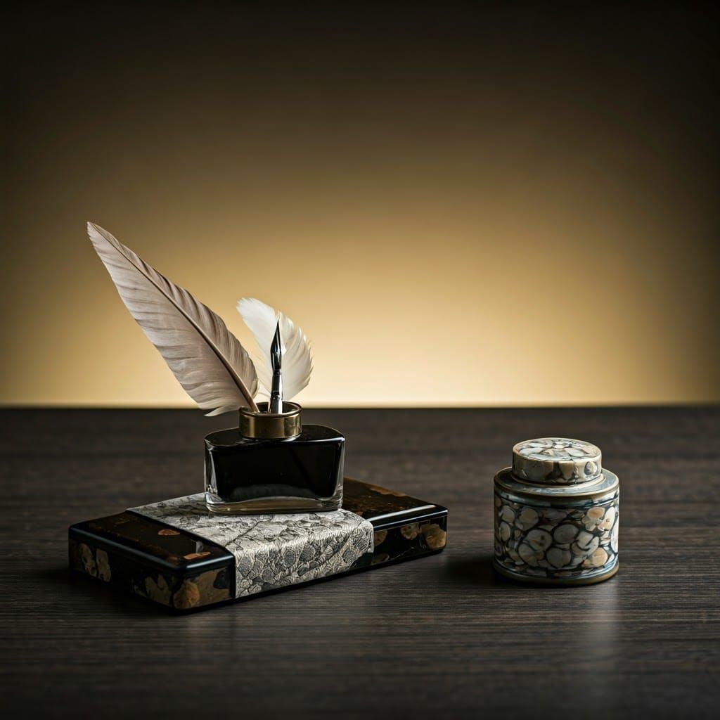 Japanese Quill and Inkwell in Ukiyo-e Style
