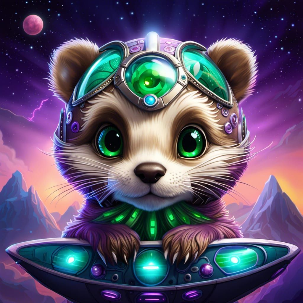 Chibi Otter Alien Pup Flying Spaceship