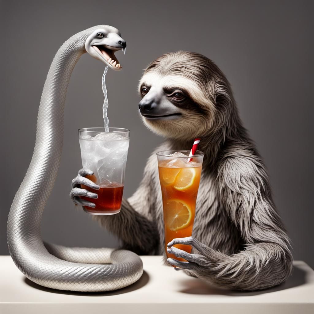 Surreal Sloth and Serpent Sipping Soda