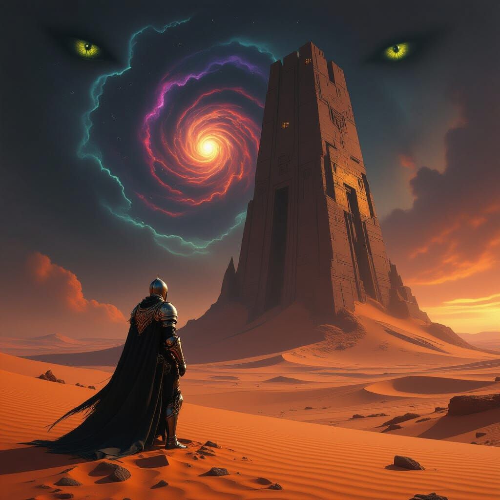 Knight on Alien Planet in Cosmic Vortex Sky