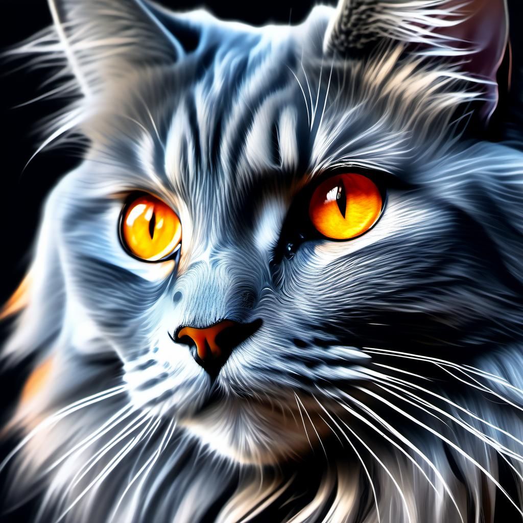 Close up of a long haired fluffy grey cat with orange eyes
