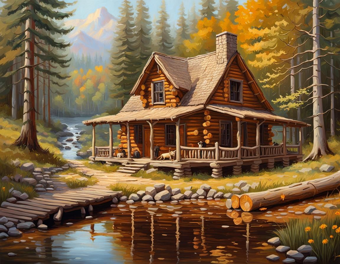 Charming Log Cabin with Creek and Garden, Oil Painting