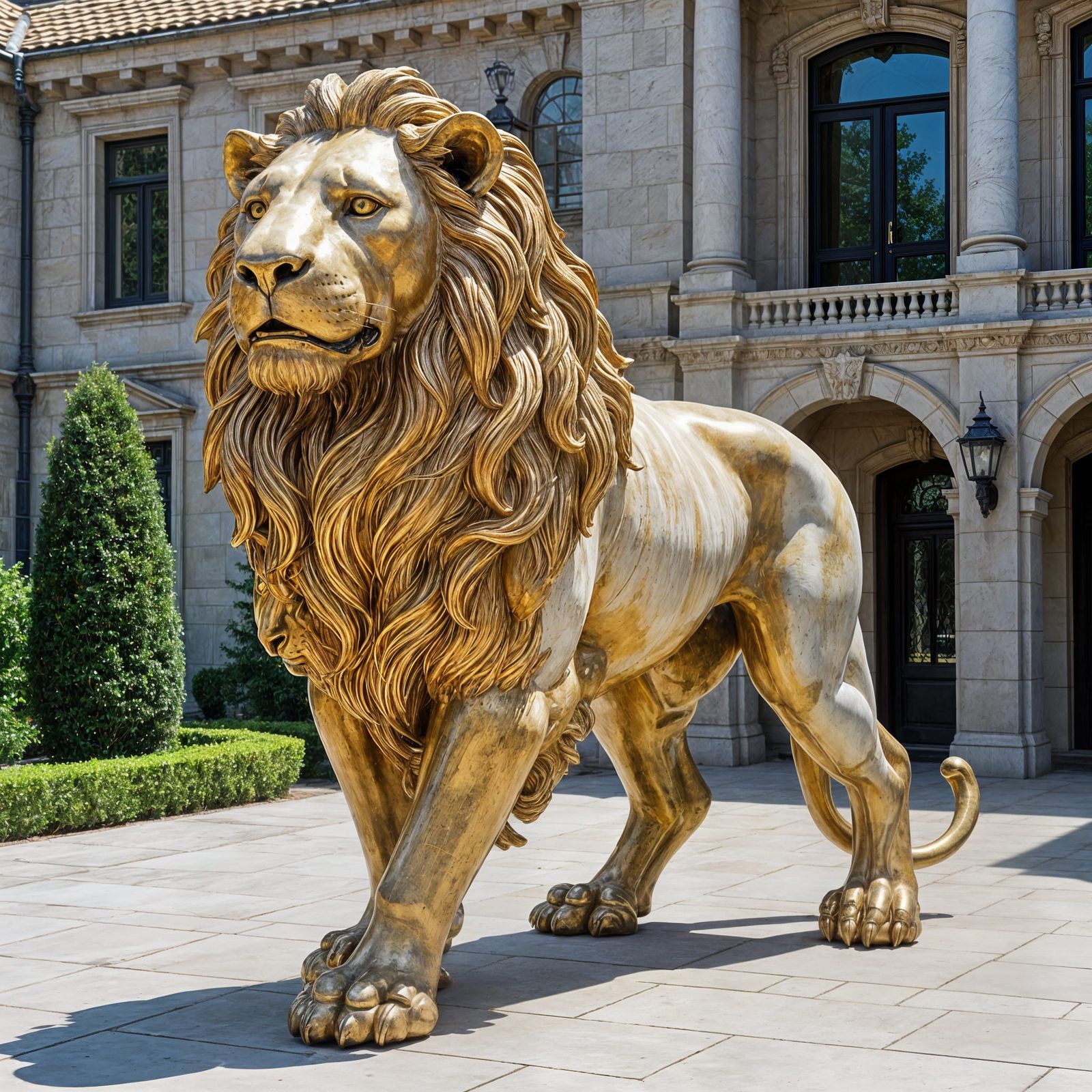 Majestic Lion Sculpture in Gold, Copper, and Marble