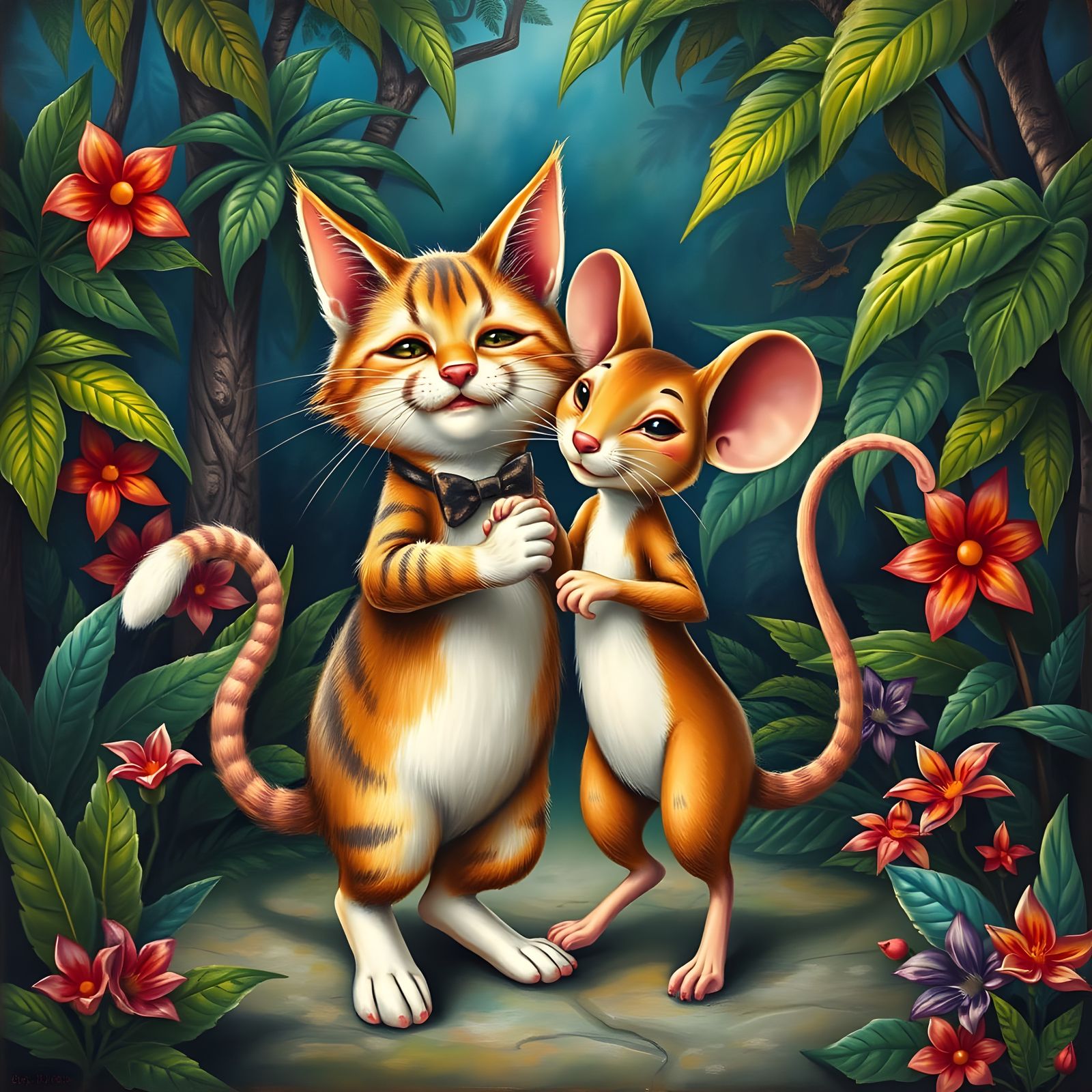 Funny Cat and Mouse Dancing in Lush Jungle Caricature