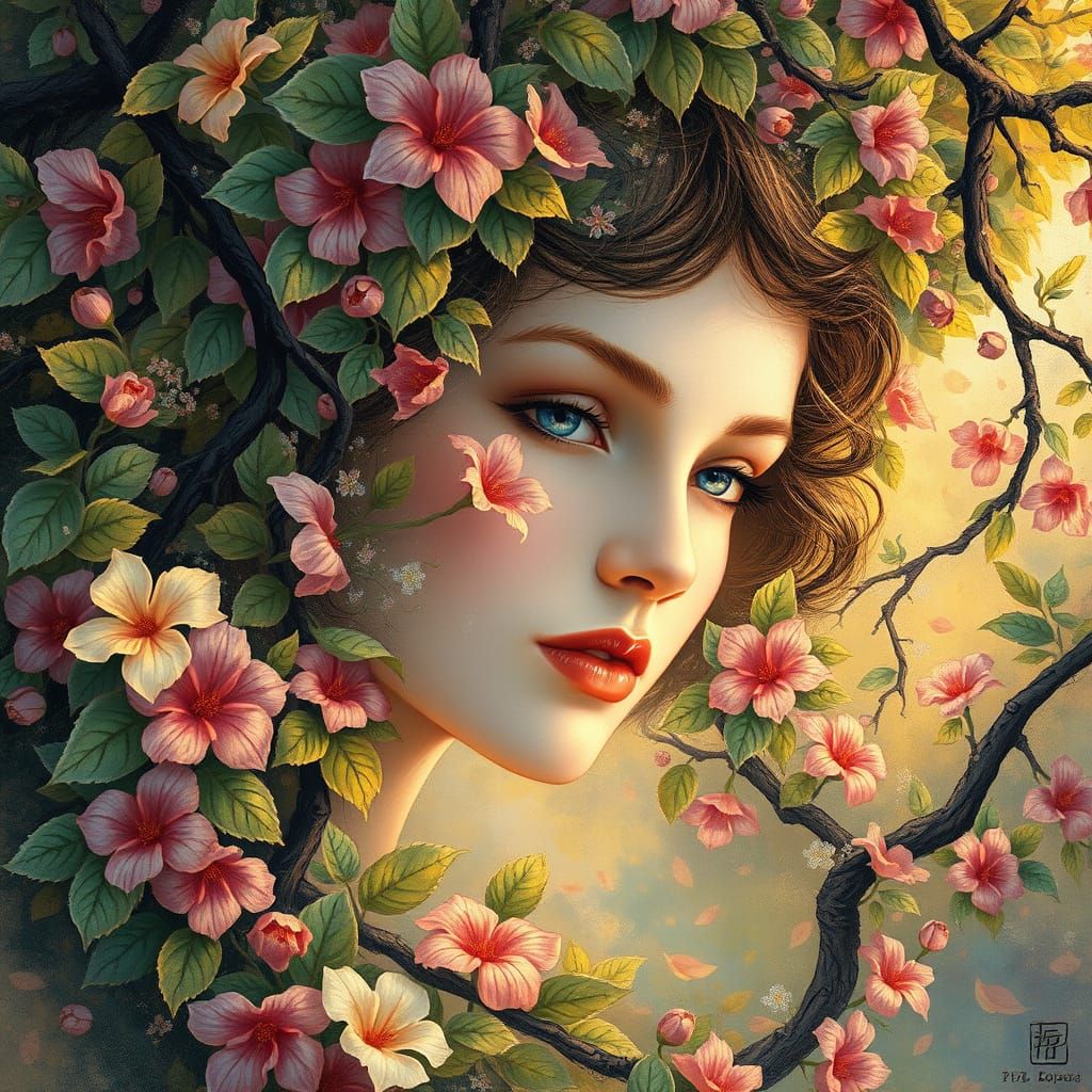 Enchanting Face in Lush Tapestry