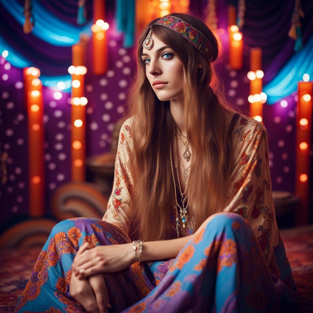 1970s Hippie Girl in Psychedelic Room, Realistic Photo