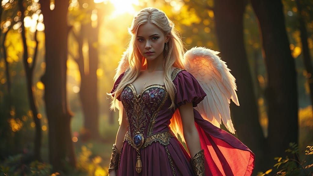 Angelic Blonde Valkyrie in Golden Forest Light