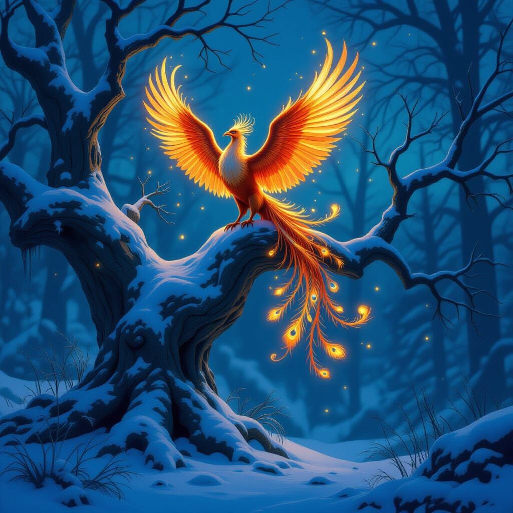 Majestic Phoenix on Snowy Tree in Twilight Forest