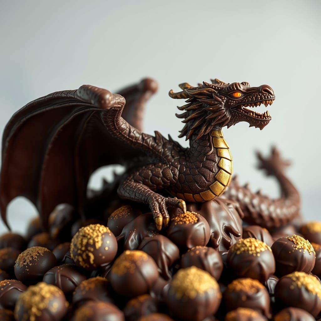 Majestic Chocolate Dragon Sculpture with Gold Scales