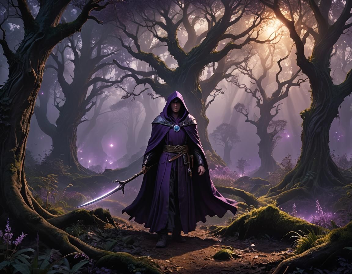 Sorcerer traveling through a forest